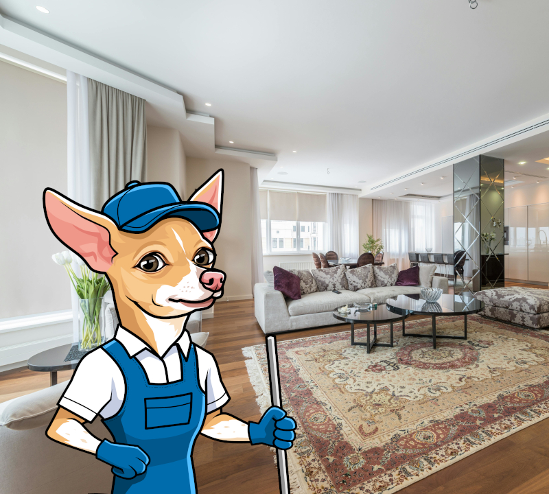 Niko's Cleaning Solutions mascot Niko in the foreground of a living room.